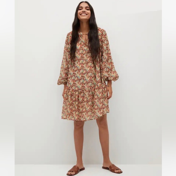 Mango Dresses & Skirts - Mango Floral Tiered Long-Sleeve Mini Dress in Cream and Rust